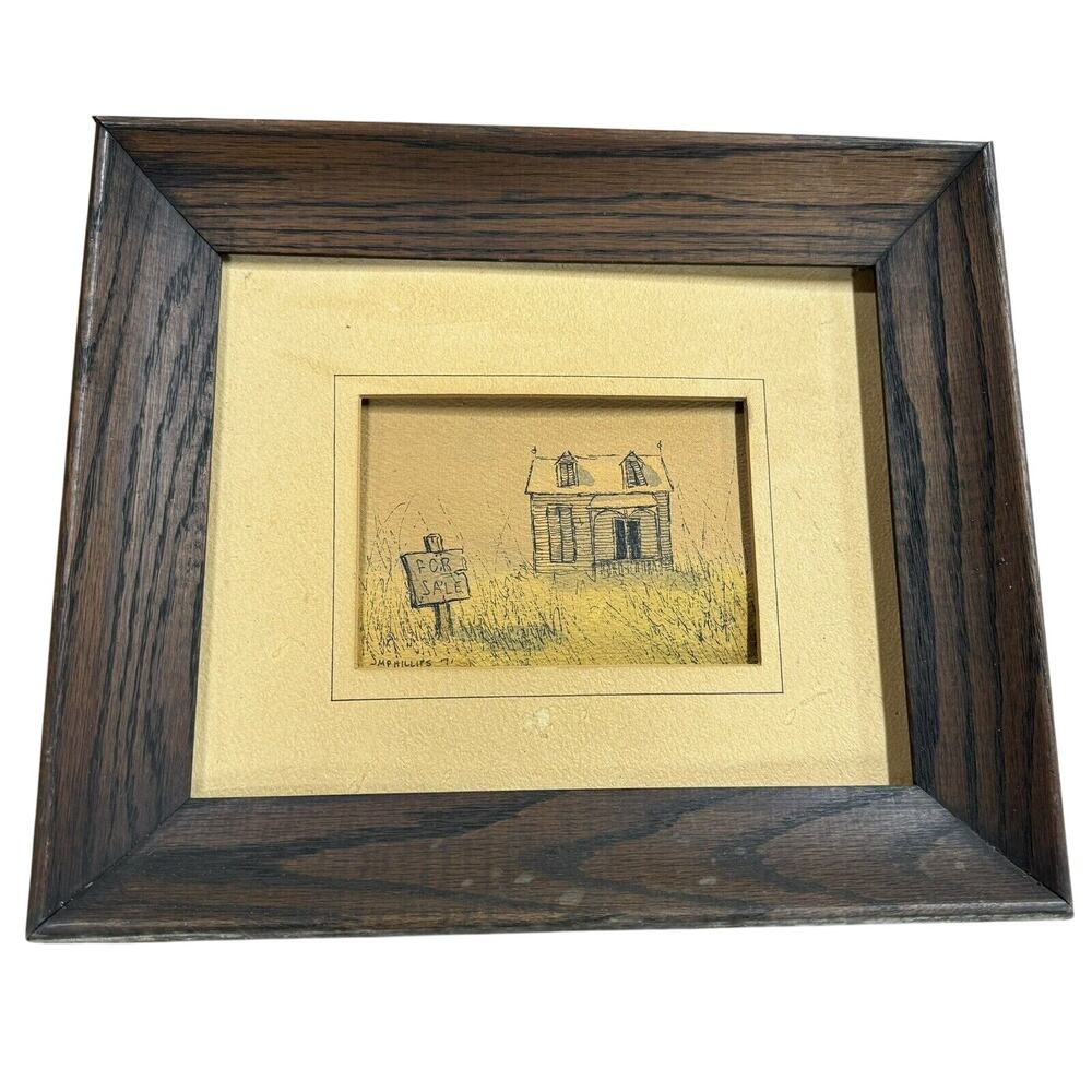 VTG Wood Framed Drawing Art Farm House For Sale Rustic Matted JM Phillips ‘71